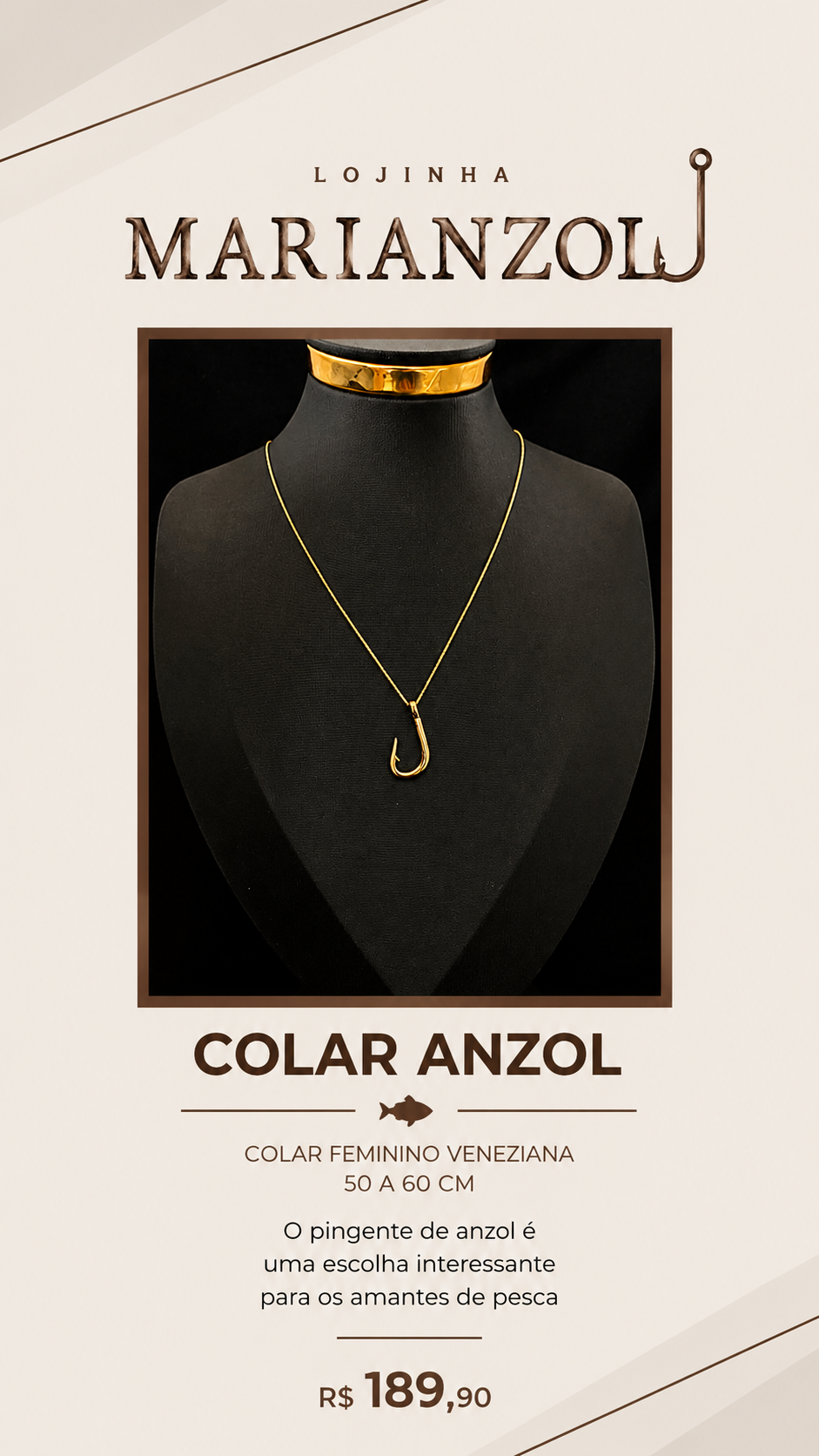 Capa do catálogo de acessórios Marianzol com colar de anzol